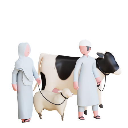 Muslim Family caring pets  3D Illustration