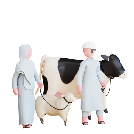 Muslim Family caring pets  3D Illustration