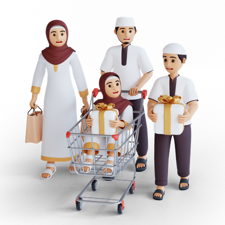 Muslim family doing shopping on Ramadan 3D Illustration