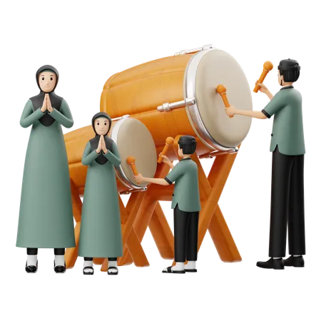 Muslim Family Enjoys Playing Drum  3D Illustration