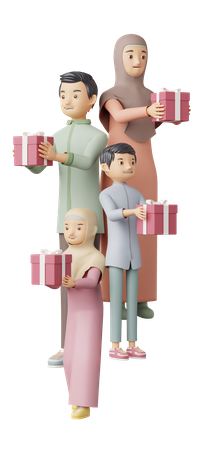 Muslim Family holding gifts  3D Illustration