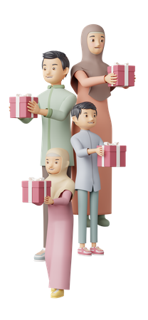 Muslim Family holding gifts 3D Illustration