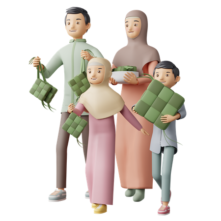 Muslim Family holding Ketupat  3D Icon