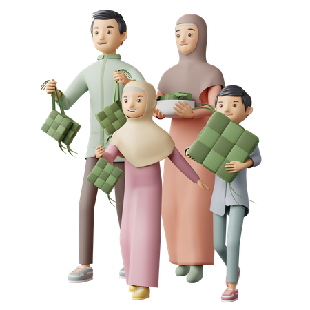 Muslim Family holding Ketupat 3D Illustration