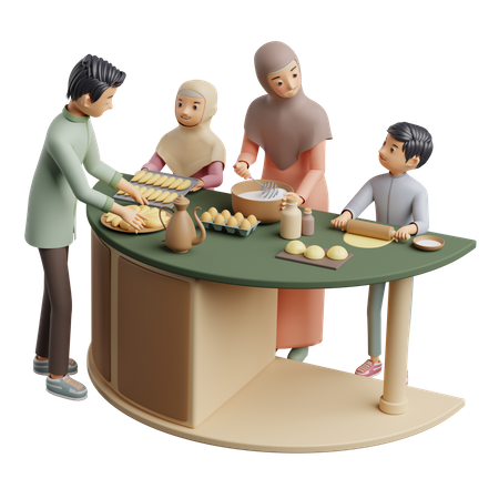 Muslim Family making cake at home  3D Icon
