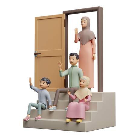 Muslim Family On The Stairway  3D Icon