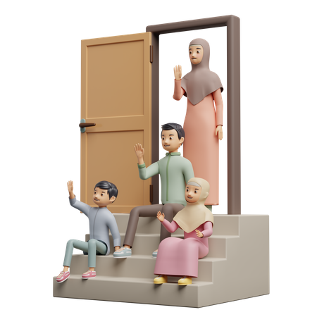 Muslim Family On The Stairway  3D Illustration