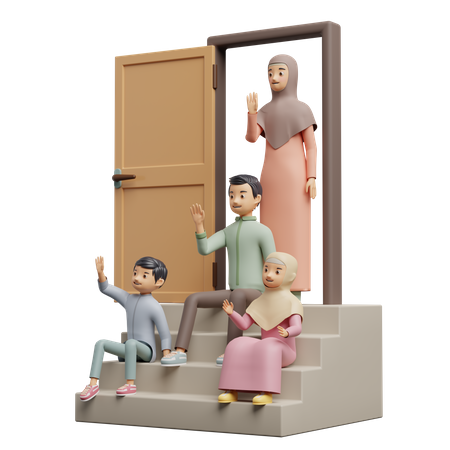Muslim Family On The Stairway 3D Illustration