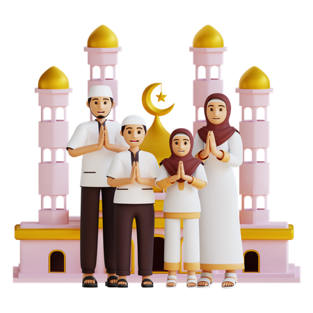 Muslim family praying at a mosque 3D Illustration