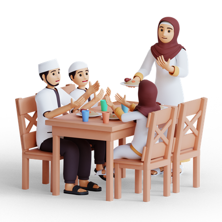 Muslim family praying before having iftar  3D Illustration