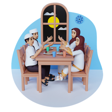 Muslim Family praying before iftar party 3D Illustration