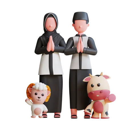 Muslim Family Praying with pets  3D Illustration