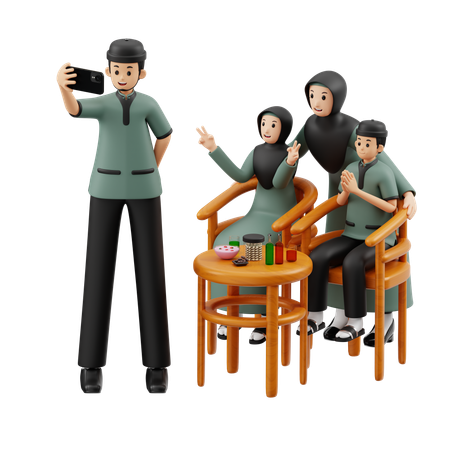 Muslim Family Taking Selfie On Eid  3D Illustration