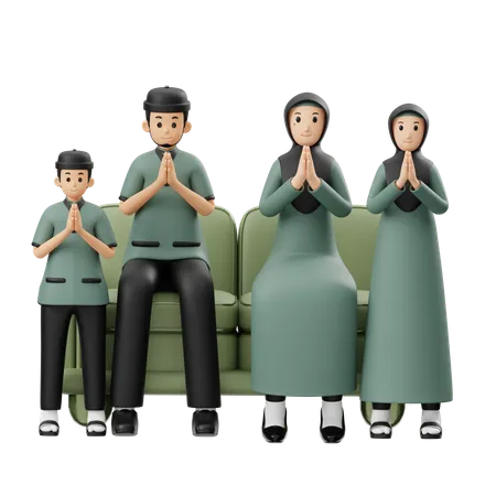 Muslim Family Wishes Eid Al Fitr While Sitting  3D Illustration