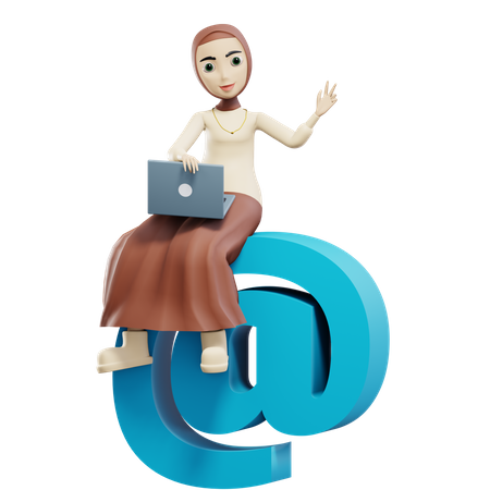 Muslim female sitting on at the rate with laptop  3D Icon