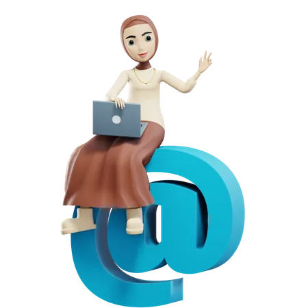 Muslim female sitting on at the rate with laptop  3D Illustration