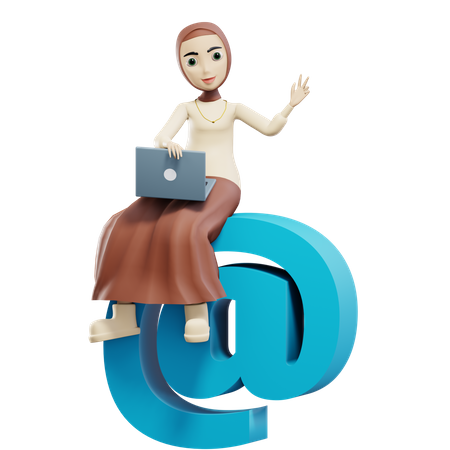 Muslim female sitting on at the rate with laptop  3D Illustration