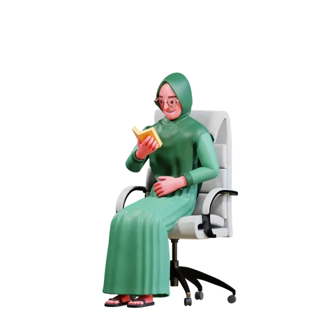 Muslim Female sitting on chair while reading quran  3D Illustration