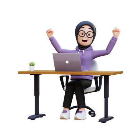 Muslim Girl Celebrating In Desk With Laptop  3D Illustration