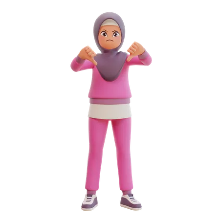Young Muslim Woman Sporty Showing Thumbs Down To Express Dislike Disappointed 3 D Cartoon Illustration 3D Illustration