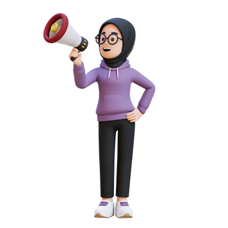 Muslim Girl Doing Announcement Use Megaphone  3D Illustration
