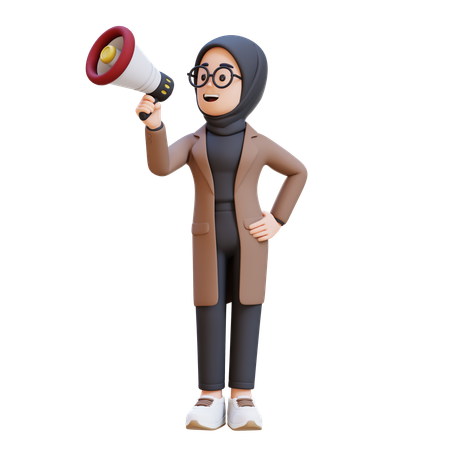 Muslim Girl Doing Announcement Using Megaphone  3D Illustration