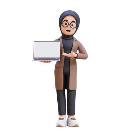 Muslim Girl Holding And Presenting To Laptop With Empty Screen  3D Illustration