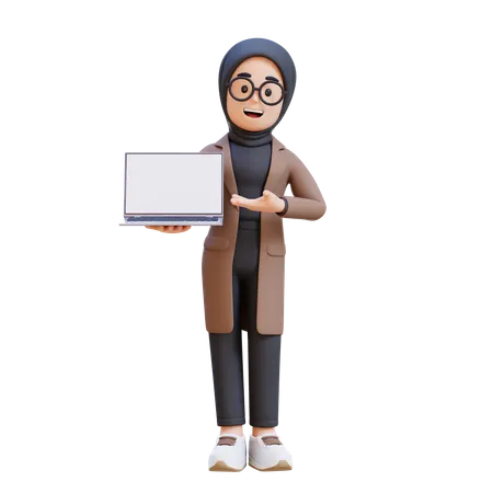 Muslim Girl Holding And Presenting To Laptop With Empty Screen  3D Illustration