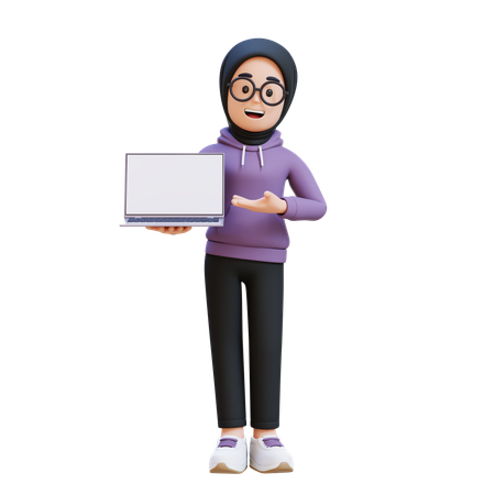 Muslim Girl Holding And Presenting To Laptop With Empty Screen  3D Illustration