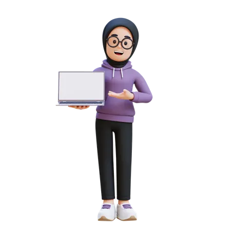 Muslim Girl Holding And Presenting To Laptop With Empty Screen  3D Illustration
