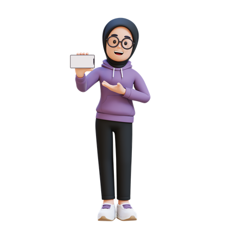Muslim Girl Holding And Presenting To Smart Phone With Empty Screen  3D Illustration