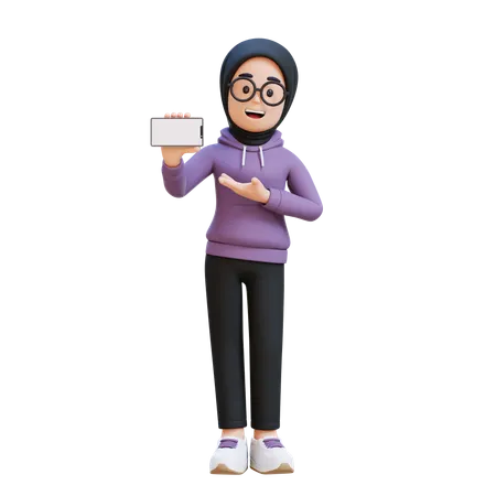 Muslim Girl Holding And Presenting To Smart Phone With Empty Screen  3D Illustration