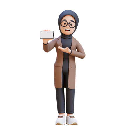 Muslim Girl Holding And Presenting To Smart Phone With Empty Screen  3D Illustration