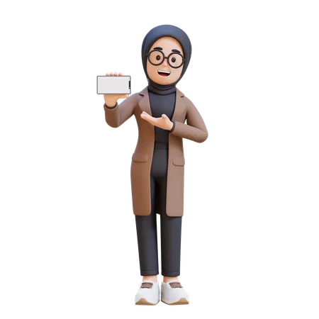 Muslim Girl Holding And Presenting To Smart Phone With Empty Screen  3D Illustration