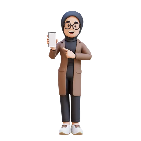 Muslim Girl Holding Cell Phone And Pointing To It  3D Illustration