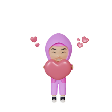 Muslim girl holding heart  3D Illustration