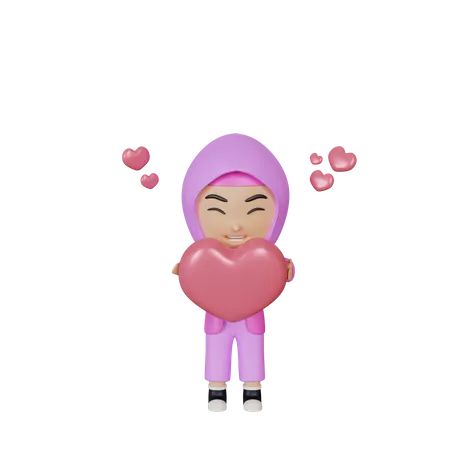 Muslim girl holding heart  3D Illustration