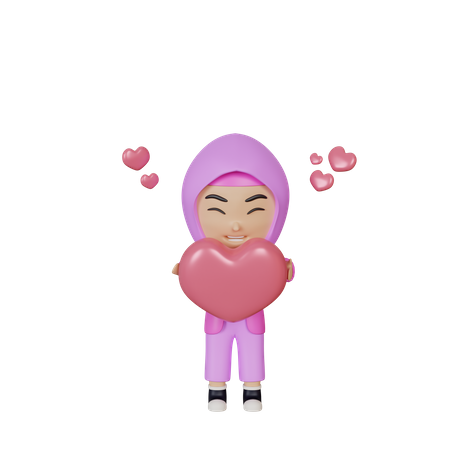 Muslim girl holding heart 3D Illustration