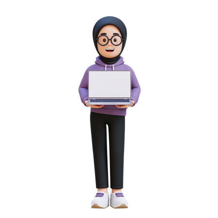 Muslim Girl Holding Laptop  3D Illustration