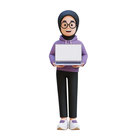 Muslim Girl Holding Laptop  3D Illustration