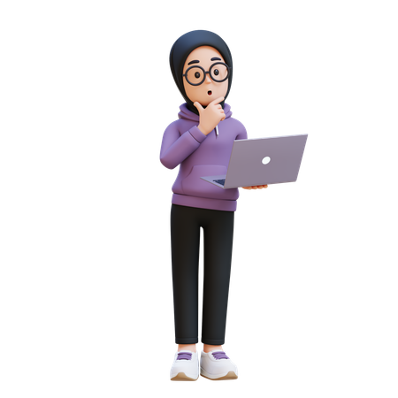 Muslim Girl Holding Laptop And Thinking  3D Icon