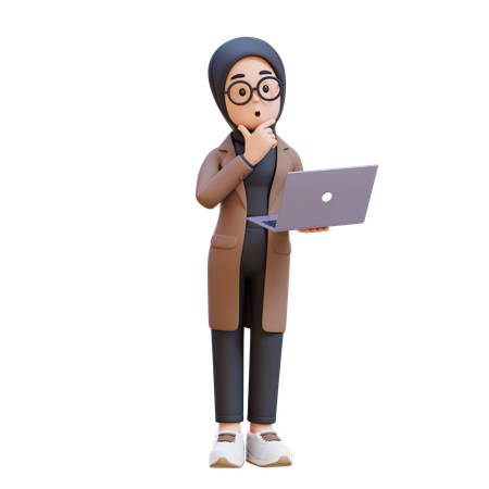 Muslim Girl Holding Laptop And Thinking  3D Icon