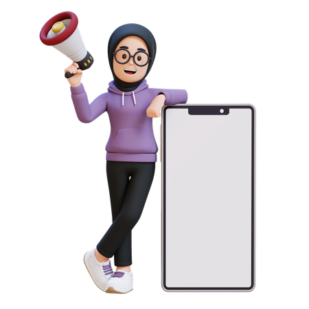 メガホンを持ち、大きな携帯電話の隣に立つイスラム教徒の少女  3D Icon