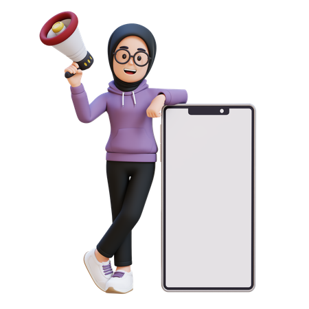 Muslim Girl Holding Megaphone And Standing Next To Big Cell Phone  3D Illustration