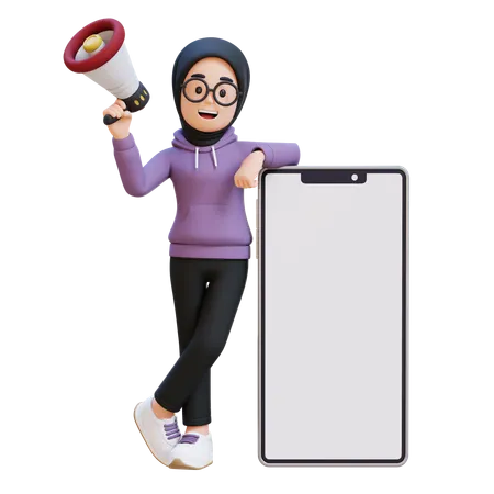 Muslim Girl Holding Megaphone And Standing Next To Big Cell Phone  3D Illustration