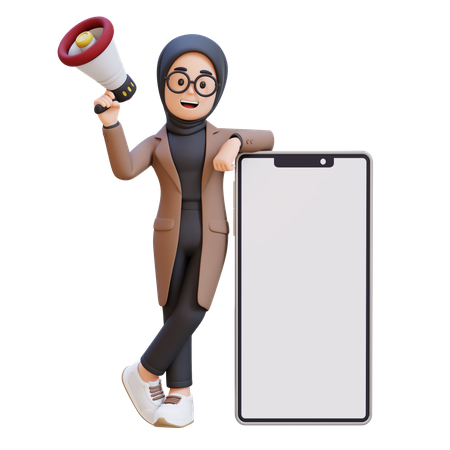 Muslim Girl Holding Megaphone And Standing Next To Big Cell Phone  3D Illustration