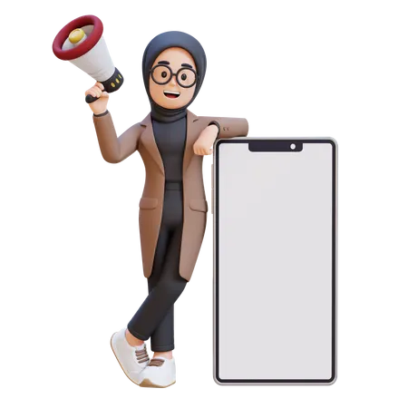 Muslim Girl Holding Megaphone And Standing Next To Big Cell Phone  3D Illustration
