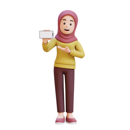 Muslim Girl Holding With Hijab And Presenting To Smart Phone With Empty Screen  3D Illustration