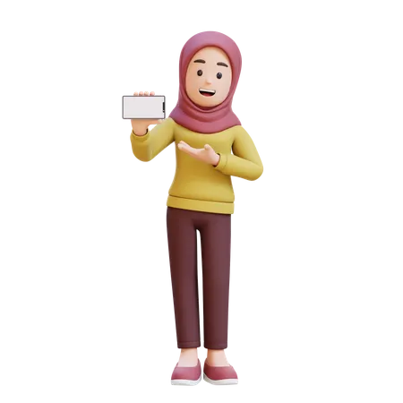 Muslim Girl Holding With Hijab And Presenting To Smart Phone With Empty Screen  3D Illustration