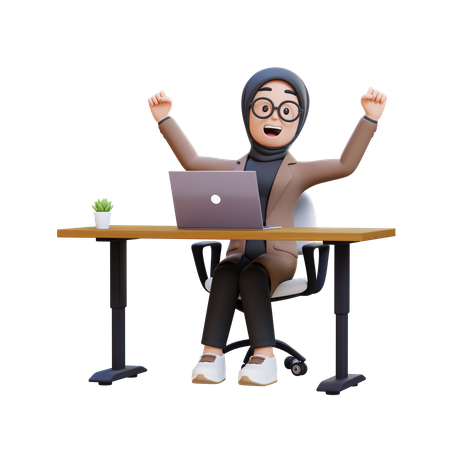Muslim Girl In Desk With Laptop  3D Illustration